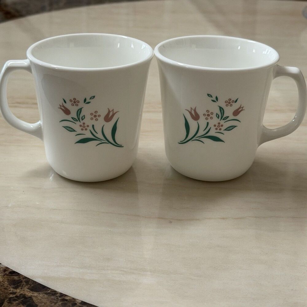 Pair of Vintage CorningWare Corelle Coffee Mugs Rosemarie Floral USA Milk Glass